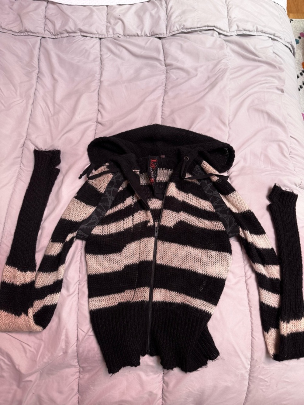 Lip Service Black & White Striped Knit Zip Hoodie - Picture 2 of 5